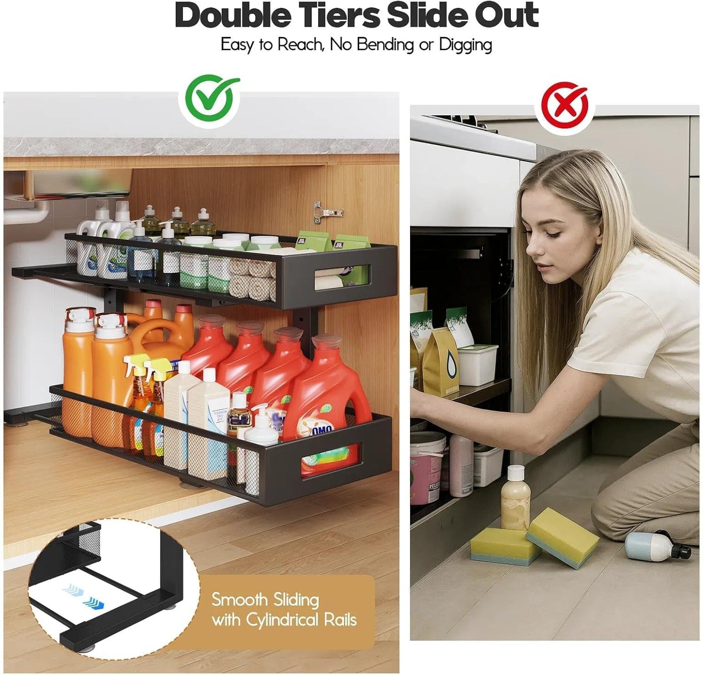 Under Sink Organizer, 2-Tier Dual Pull Out Cabinet Organizer Drawers With Smooth Circular Rail, Large Capacity Metal Mesh Sliding Shelves For Bathroom& Kitchen Storage,Height Adjustable–White,2 Packs