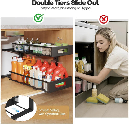 Under Sink Organizer, 2-Tier Dual Pull Out Cabinet Organizer Drawers With Smooth Circular Rail, Large Capacity Metal Mesh Sliding Shelves For Bathroom& Kitchen Storage,Height Adjustable–White,2 Packs
