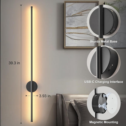 Battery Operated Modern Wall Sconces, Dimmable Wireless Wall Light Set of Two with Remote Control, 3 Color Temperatures, Rechargeable LED Wall Sconce for Bedroom, Living Room, Hallway, 23.6 Inch Brass