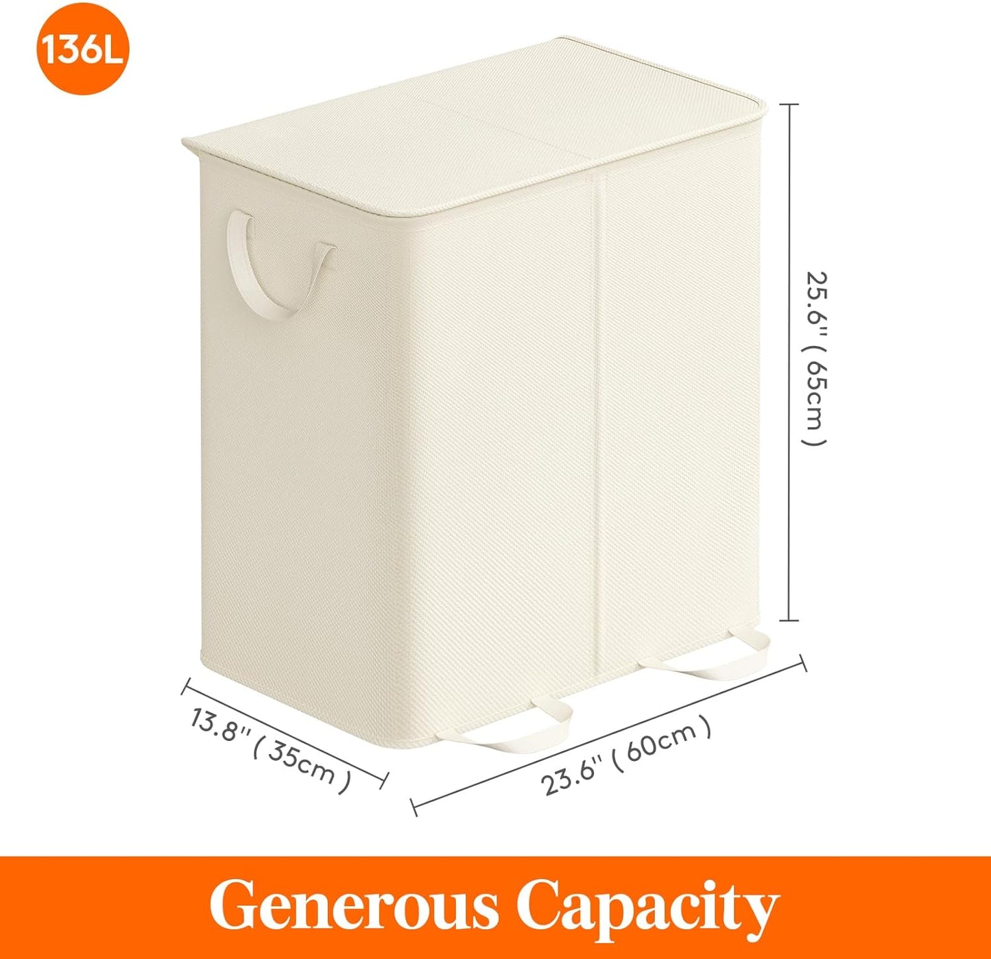 Lifewit Double Laundry Hamper with Lid and Removable Laundry Bags, Large Collapsible 2 Dividers Dirty Clothes Basket with Handles for Bedroom Laundry Room Closet Bathroom College, 136L Beige