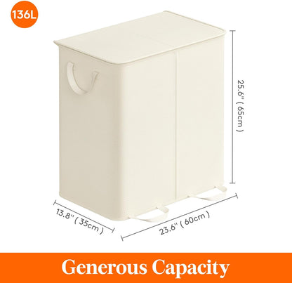 Lifewit Double Laundry Hamper with Lid and Removable Laundry Bags, Large Collapsible 2 Dividers Dirty Clothes Basket with Handles for Bedroom Laundry Room Closet Bathroom College, 136L Beige
