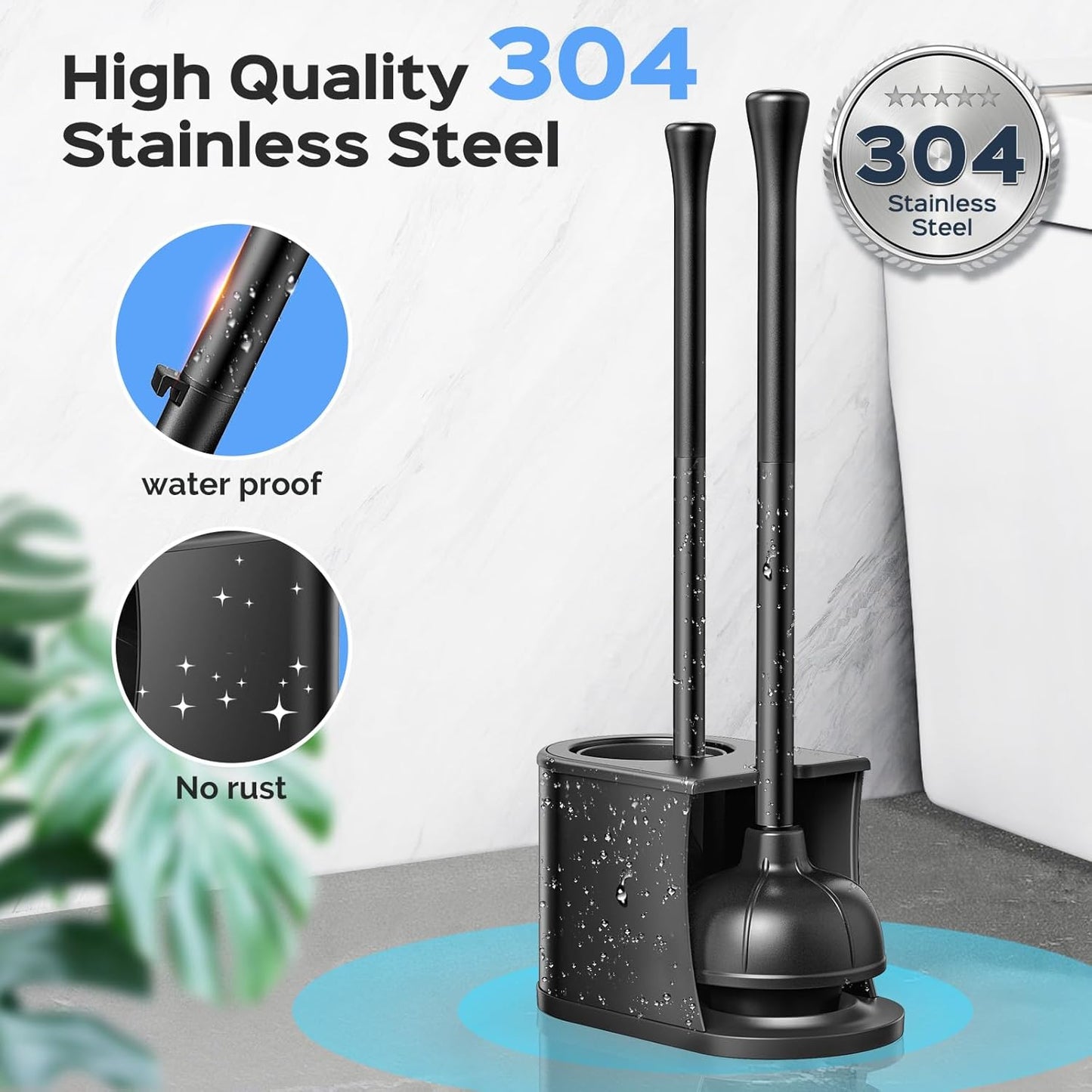 HAMITOR Toilet Plunger and Brush Set: 2 in 1 Stainless Steel Rustproof Combo with Deep Cleaning Curved Bristles - Heavy Duty Toilet Unclogging for Family Bathroom - Compact Apartment Accessories