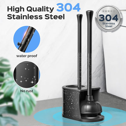 HAMITOR Toilet Plunger and Brush Set: 2 in 1 Stainless Steel Rustproof Combo with Deep Cleaning Curved Bristles - Heavy Duty Toilet Unclogging for Family Bathroom - Compact Apartment Accessories