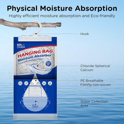 W&E Choice Hanging Moisture Absorbers Hanging Bag for Your Closet, Dehumidifier Bags for Bathroom, Unscented Humidity Pack for Car and RV, 10 Pack