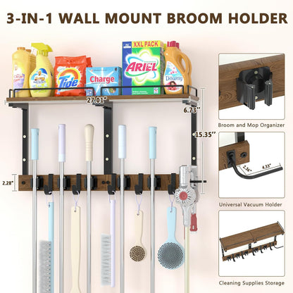 Mop Holder Wall Mount with Cleaning Supplies Organizer, Wood Mop and Broom Hanger Rack Organizer with Anti-Fall Wall Shelf with 5 Clips & Hooks for Garage Laundry Room Kitchen (Brown)