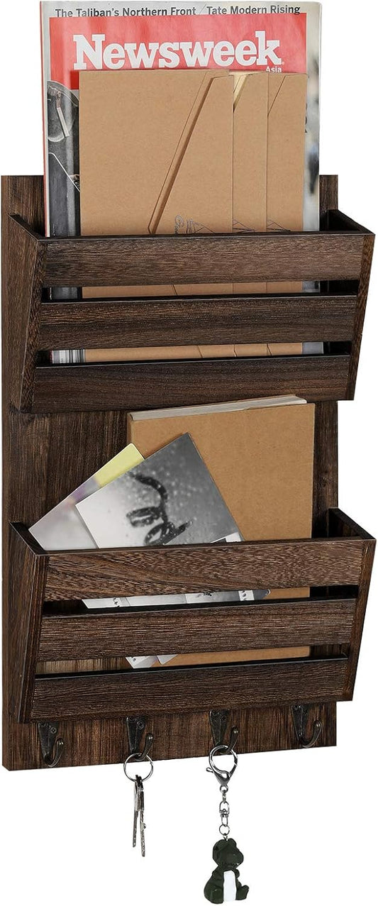 BTY Mail Sorter Wall Mounted, Wooden Mail Holder with 4 Key Hooks, 2 Slot Letter Bills Newspaper Magazine Organizer for Entryroom Hallway Office Garage, Gray White