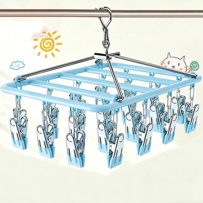 Drying Rack for Sock, Stainless Steel Sock Drying Rack with 23 Clips, Swivel Hook Windproof Hanger for Sock, Laundry, Hat, Scarf, Bras, Towel, Underwear, Pants, Gloves (White)