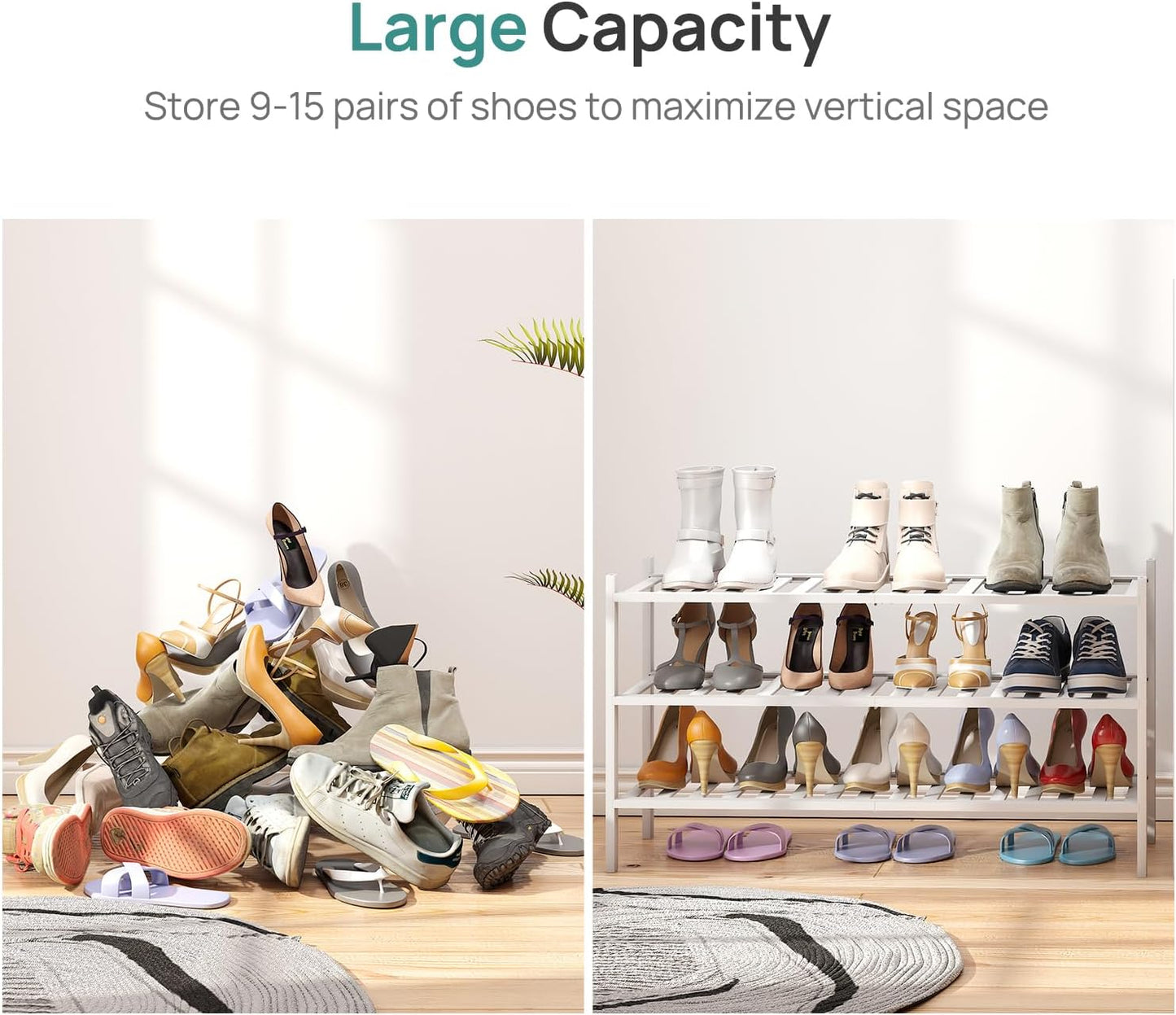 viewcare 3-Tier Black Bamboo Shoe Rack for Entryway, Stackable | Foldable | Natural, Shoe Shelf Storage Organizer for Hallway Closet, Free Standing Shoe Racks for Indoor Outdoor