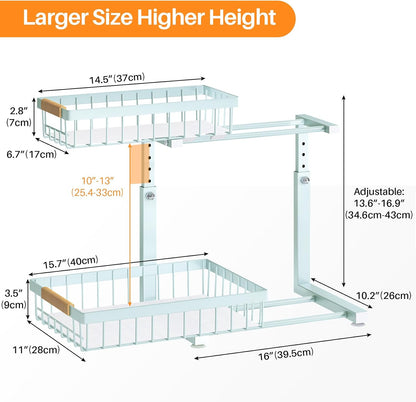 PXRACK Under Sink Organizer, Adjustable Height, 2 Tier Pull Out Under Cabinet Organizer, Slide Out Thickened Metal Under Sink Storage for Kitchen Bathroom Laundry Pantry Cabinet, White, Large-1-Pack