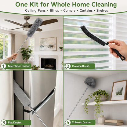 100-inch Duster with Extension Pole, 9-in-1 Cobweb Duster Kit Includes Spider Web Brush & Flat Gap Cleaner for High Ceiling, Fan, Under Appliances, Car, Home Deep Cleaning