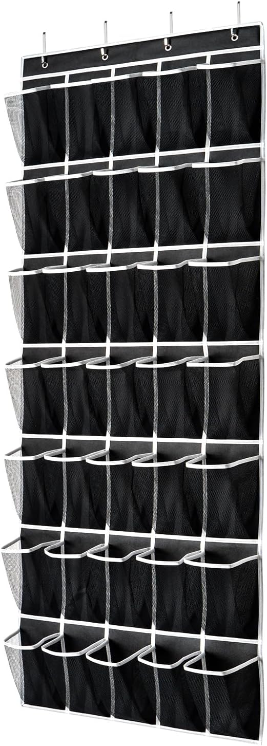 SAVERHO 35 Pockets Over the Door Shoe Organizer, Hanging Shoe Organizer for Door with 35 Mesh Pockets Large Capacity Shoe Hanging Storage Bag with 4 Metal Hooks (White-1Pack)