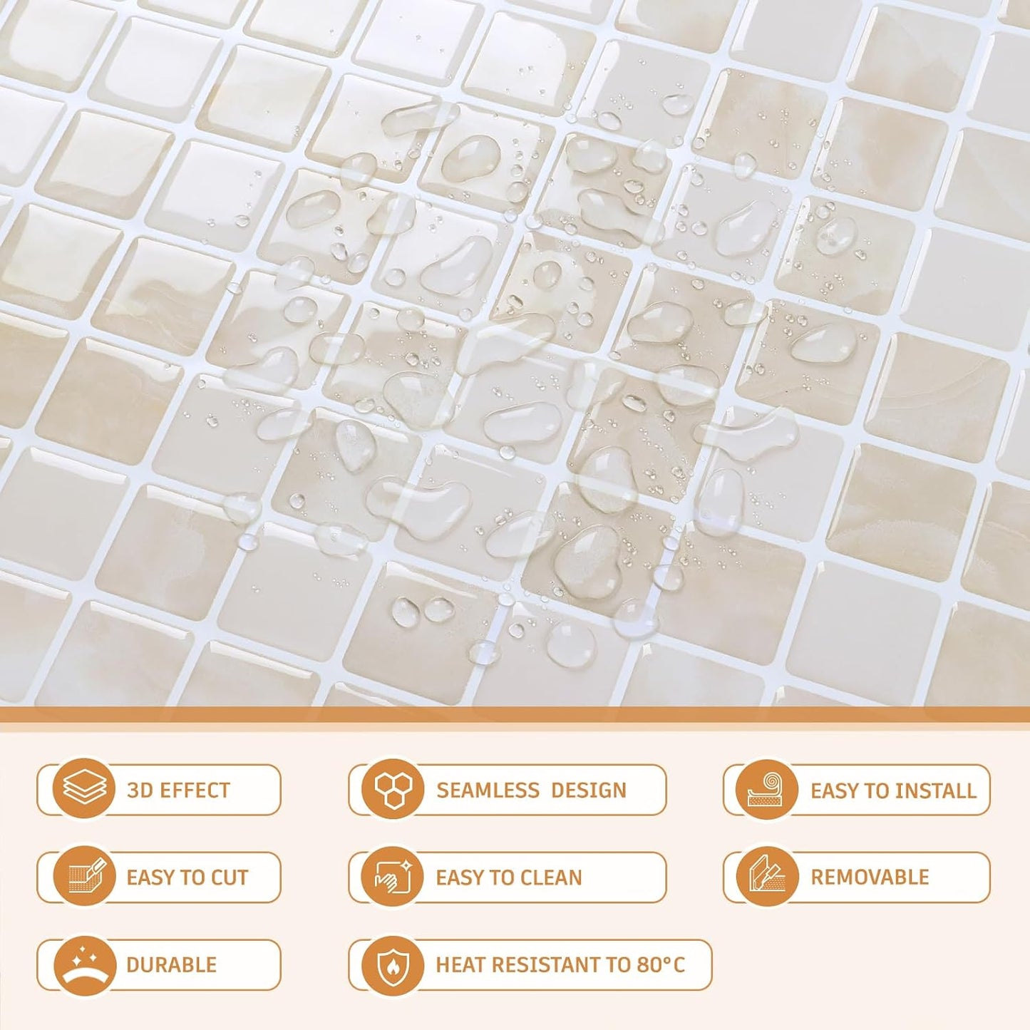 CRE8TIVE 4 Sheets Beige Peel and Stick Backsplash Small Square Mosaic Stick on Tiles for Kitchen Backsplash Tile Stickers 12"x12" Adhesive 3D Marble Wall Tiles for Bathroom Shower Tile Waterproof