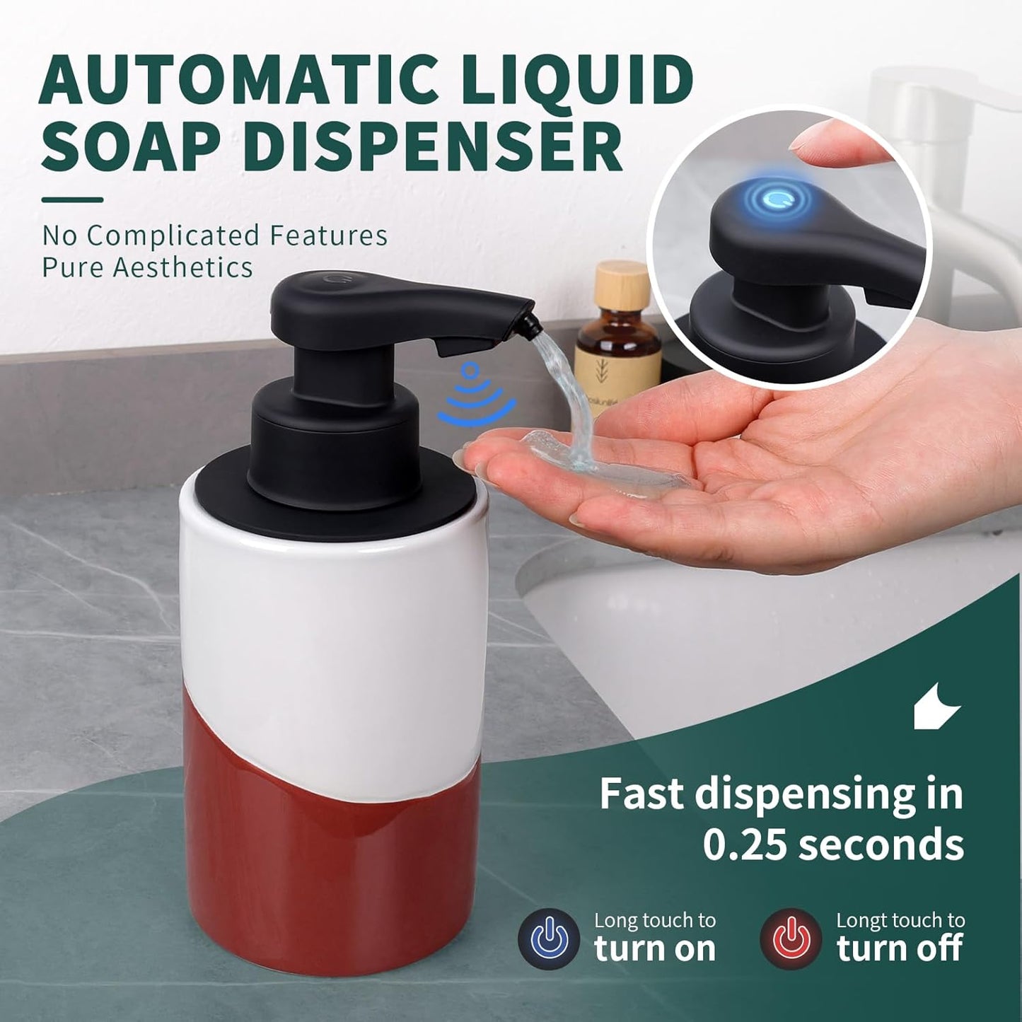 BosilunLife Automatic Soap Dispenser Ceramic Hand Free Soap Dispenser with Waterproof Pump Rechargeable Smart Electric Lotion Soap Dispenser Touchless (White-Green, Foam Pump)