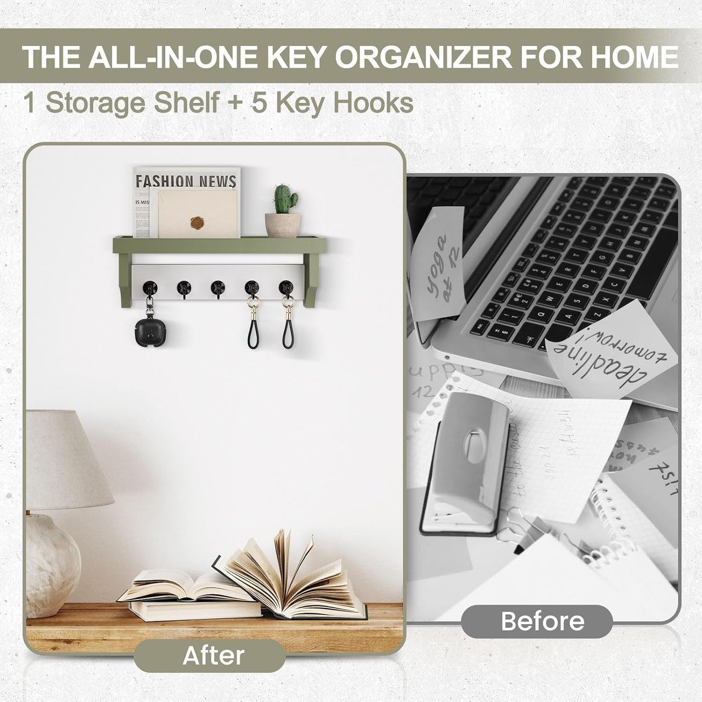Key and Mail Holder Wall Mount, Key Holder with Shelf and Mail Organizer Wall Mount. Mail Holder with 5 Hooks for Coat, Dog Leash, Home Decor Rack, Entry Way Organizer (White)