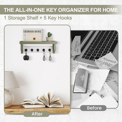 Key and Mail Holder Wall Mount, Key Holder with Shelf and Mail Organizer Wall Mount. Mail Holder with 5 Hooks for Coat, Dog Leash, Home Decor Rack, Entry Way Organizer (White)