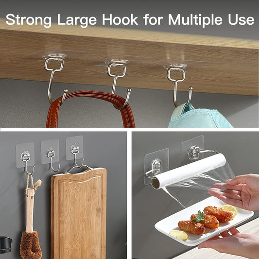 Adhesive Wall Hooks for Hanging - Heavy Duty Large Hooks for Walls No Damage, Towel Sticky Clear Hook, Waterproof, Home, Bathroom, Kitchen, Office, and Outdoor (12 Pack)