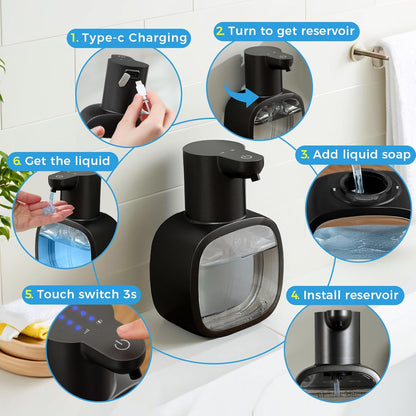 Automatic Liquid Soap Dispenser, 17oz/500ml Touchless Rechargeable with 4-Level Adjustable & IPX5 Waterproof - Level Display for Wall/Tabletop Use in Bathroom, Kitchen, Black