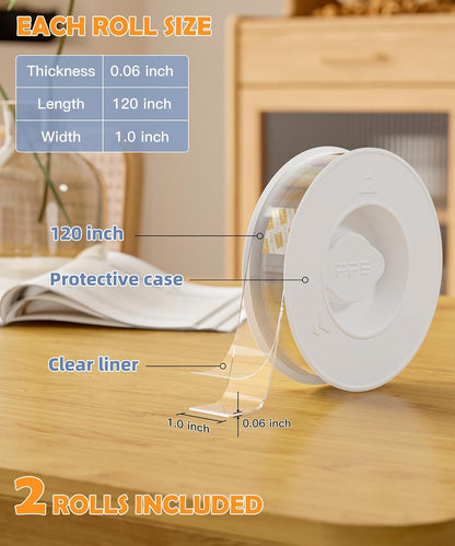 PPB Double Sided Mounting Tape, Clear Heavy Duty Nano Adhesive Tape with Protective Case, Removable Reusable Wall Tape for Home, Office, Car, Glass, Tile, Smooth Surfaces, 1 in x 10FT