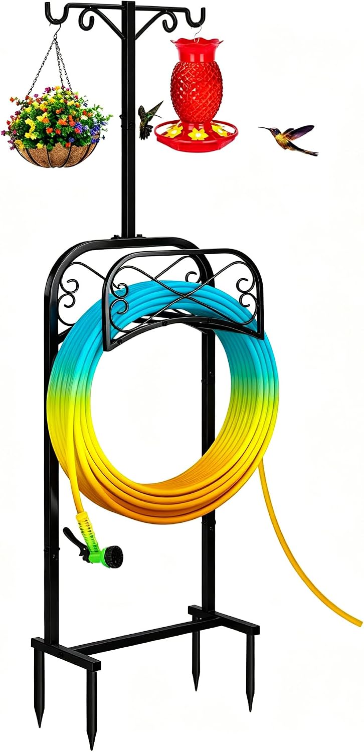 Gtongoko Garden Hose Holder for Outside 43" Heavy Duty Freestanding Water Hose Holder with 4 Stable Spikes Metal Hose Stand Holds Up to 150FT Hose & 44LB Detachable Hose Storage for Yard Lawn Patio