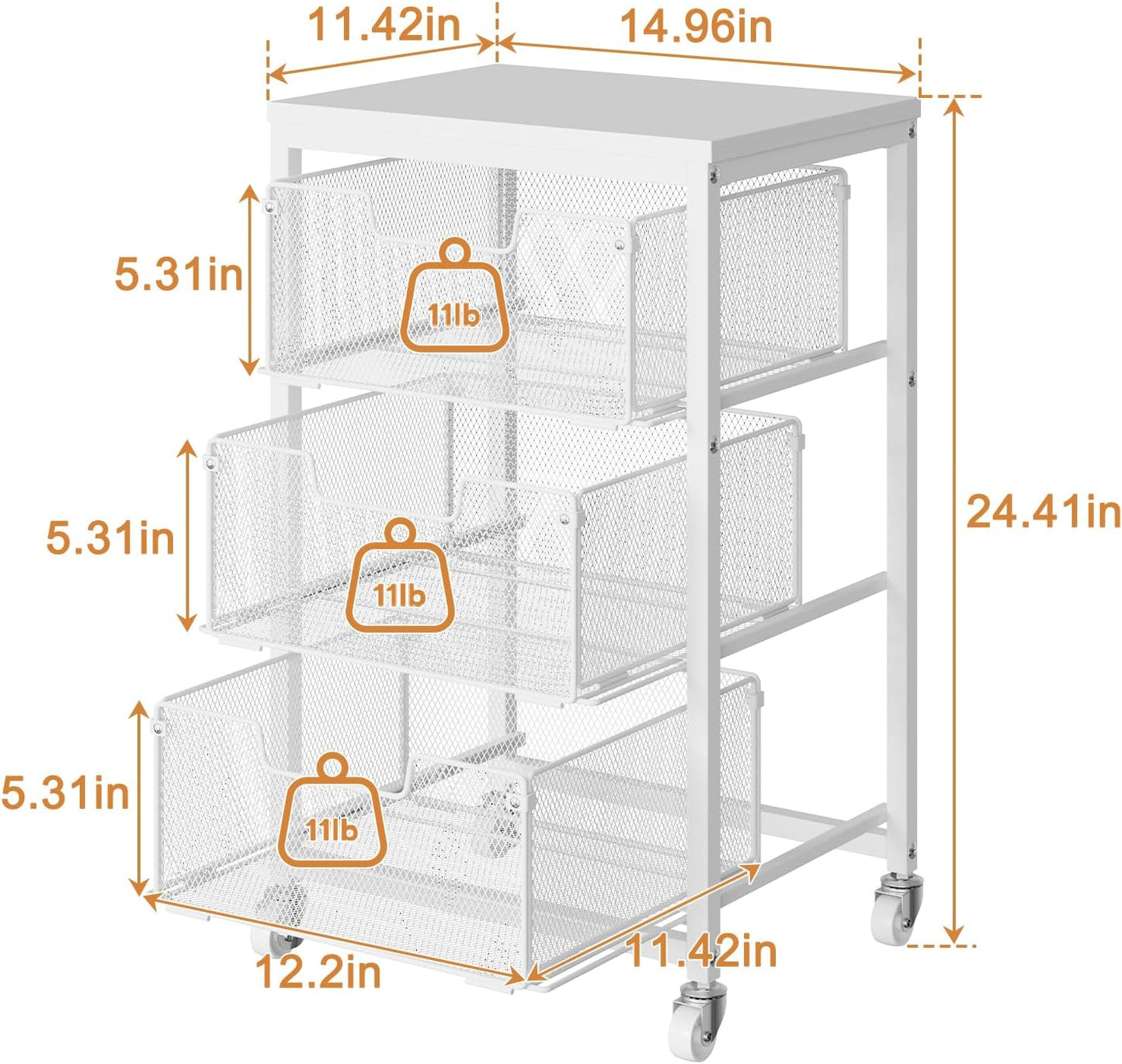 4 Tier Kitchen Rolling Cart, Kitchen Storage Cart with Wheels, Adjust Pantry Organizer and Storage Cart with Drawer, Fruit Vegetable Spice Storage Cart, Wooden Top Metal Kitchen Organizer Rack Stand
