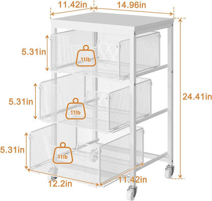 4 Tier Kitchen Rolling Cart, Kitchen Storage Cart with Wheels, Adjust Pantry Organizer and Storage Cart with Drawer, Fruit Vegetable Spice Storage Cart, Wooden Top Metal Kitchen Organizer Rack Stand