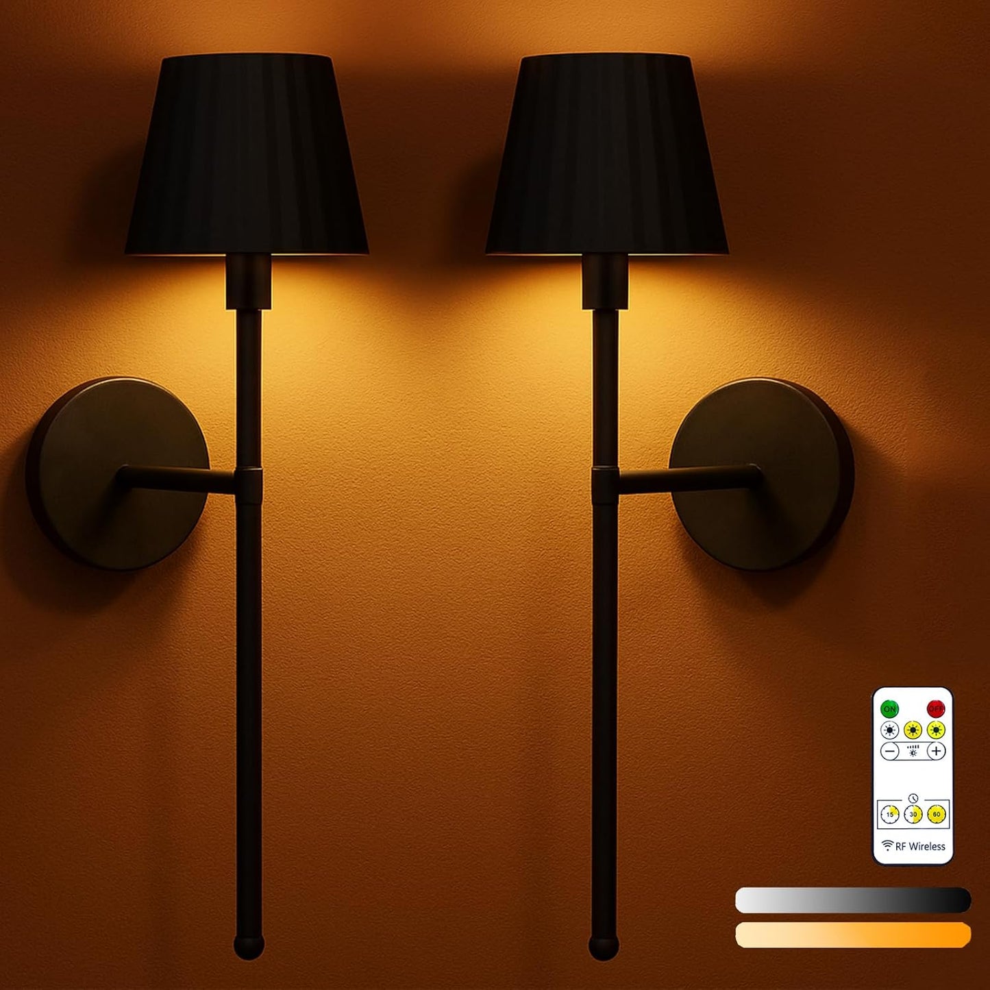 Battery Operated Wall Sconce Set of 2, Rechargeable Wireless Sconces with Dimmable Detachable Magnetic Bulbs and Remote, 3 Colors Wall Lights for Bedroom Living Room Hallway Fireplace
