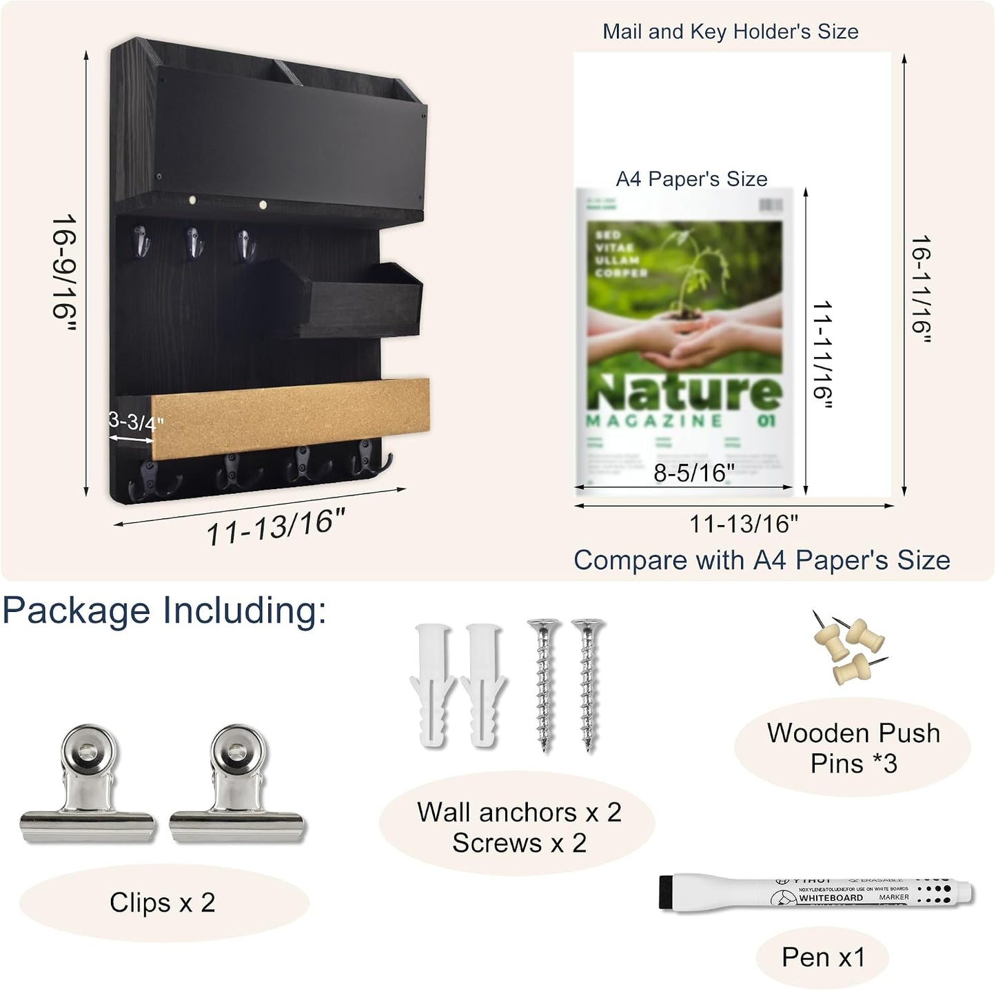 Key Holder for Wall Mount with Shelf and Mail Organizer, Key and Mail Holder with 16 Hooks, Farmhouse Entryway Organizer, Home Decor Rack (Pine Wood, Black)