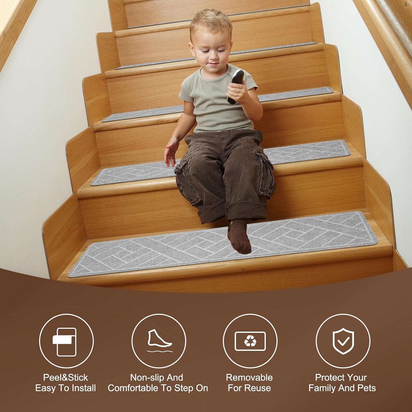 15 Pack 8 "X 30" Non-Slip Carpet Stair Treads for Indoor Wooden Steps, Made of Polyester and Reusable Adhesive, Suitable for Kids Elders and Pets（Black Lines）