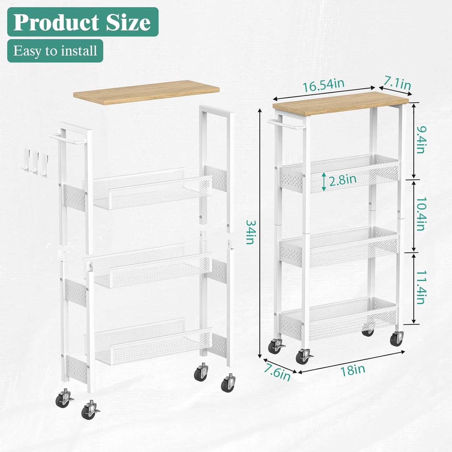 Giwil Slim Storage Cart 5 Tier Narrow Kitchen Rolling Cart on Wheels for Small Space, Metal Utility Cart Narrow Bathroom Storage Cabinet Mobile Shelf Unit Organizer with Wood Top and Handle, Black