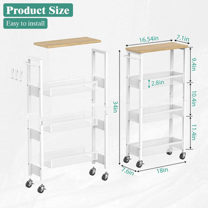Giwil Slim Storage Cart 5 Tier Narrow Kitchen Rolling Cart on Wheels for Small Space, Metal Utility Cart Narrow Bathroom Storage Cabinet Mobile Shelf Unit Organizer with Wood Top and Handle, Black