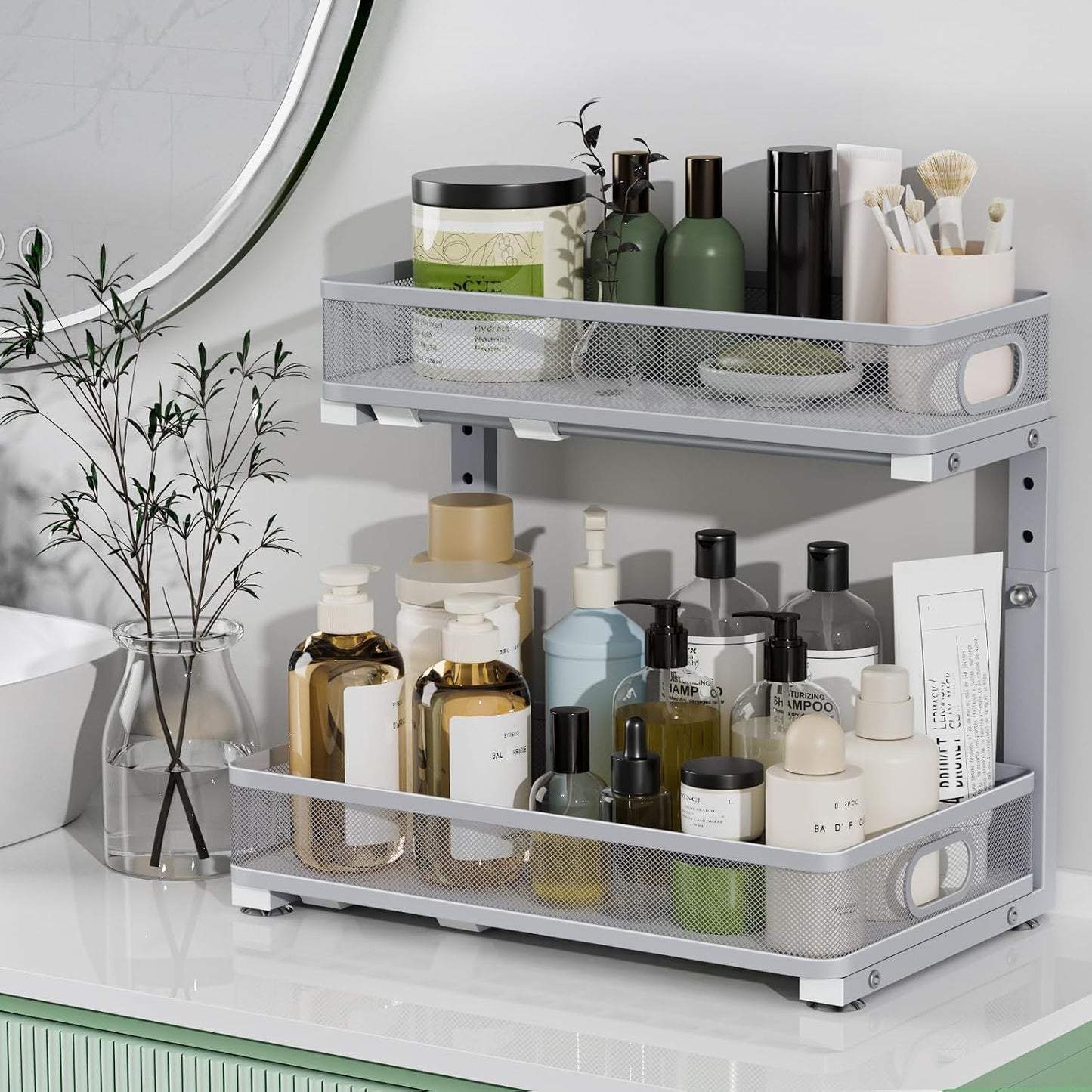 Under Sink Organizer 2 Pack, High Adjustable 2 Tier Under Sink Organizers and Storage, Slide out Metal Cabinet Organizers, Pull out Storage Drawer Shelf for Kitchen Bathroom Cabinet (Black-1pack)