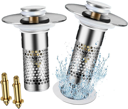 Bathroom Sink Stopper 2Pcs,Sink Drain Strainer,Hair Catcher with Removable Stainless Steel Filter Basket,Universal Sink Plug,Suitable for Most Sinks,Washbasin,Bathtubs