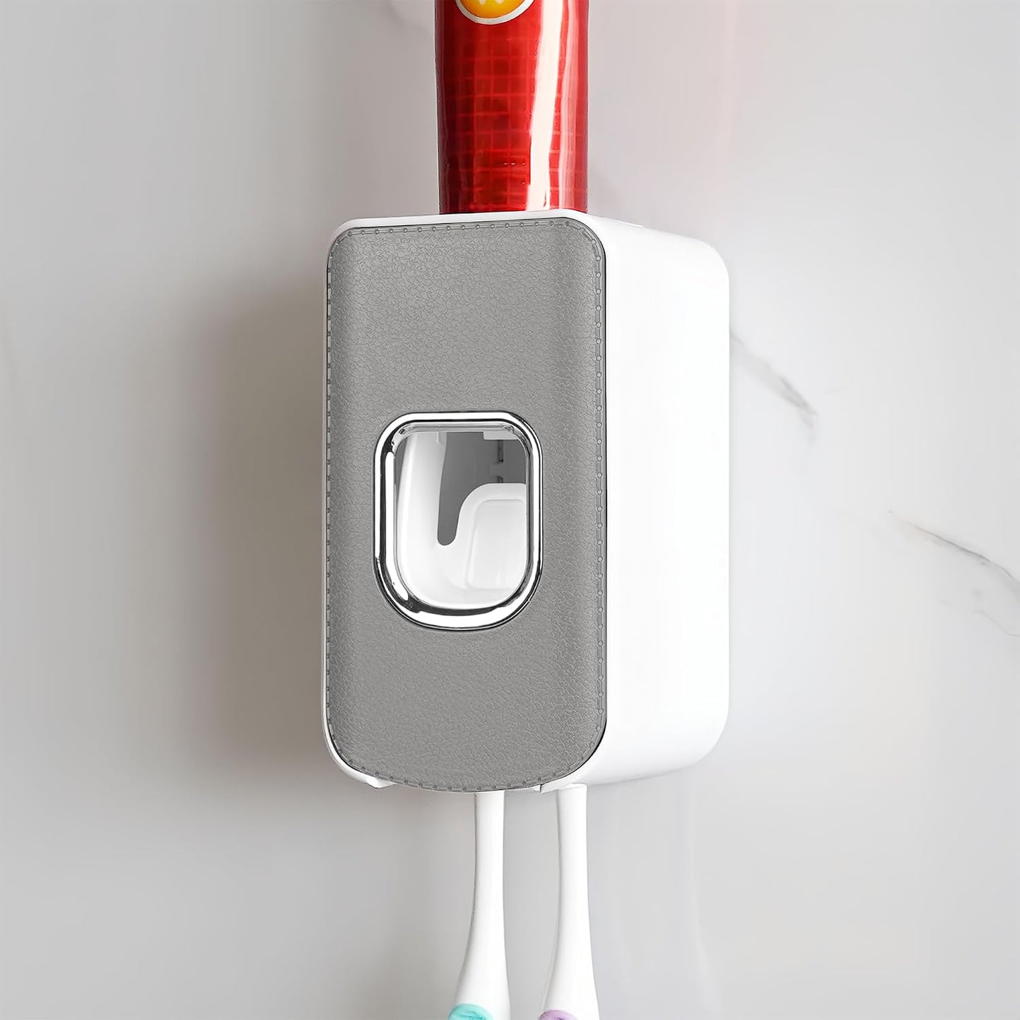 2 Slot Toothbrush Holder and Toothpaste Dispenser Wall Mounted, Automatic Toothpaste Squeezer, 2 in 1 Tooth Brush Toothpaste Organizer for Shower (Grey)