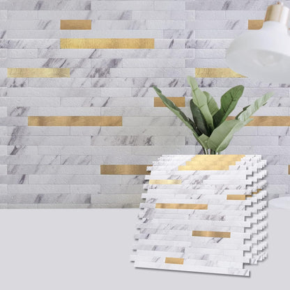 Art3d 10-Sheet Peel and Stick Backsplash Tile for Kitchen Bathroom Fireplace Laundry Room in White Slate with Gold Studded
