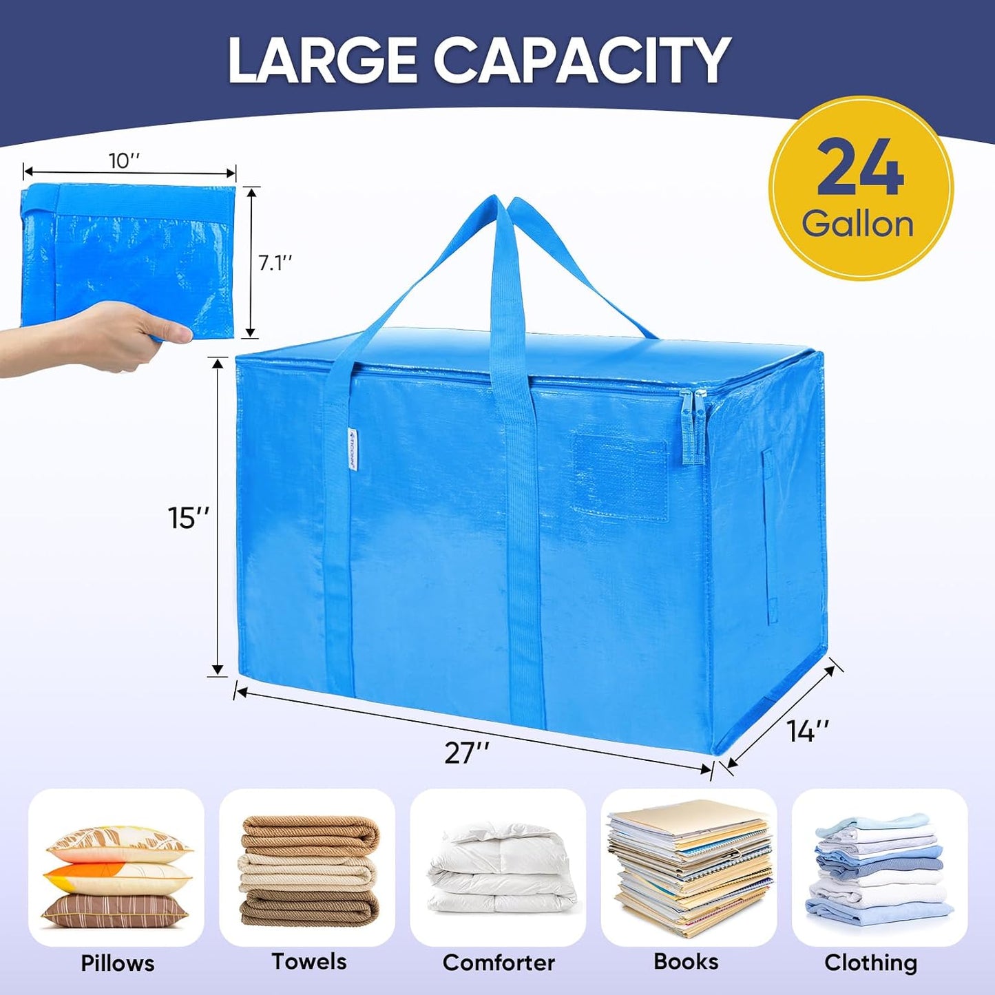 TICONN 4 Pack Extra Large Moving Bags Heavy Duty with Zippers & Carrying Handles, Durable Storage Bags Moving Boxes for Closet Organizers and Storage (4 Pack, Blue)