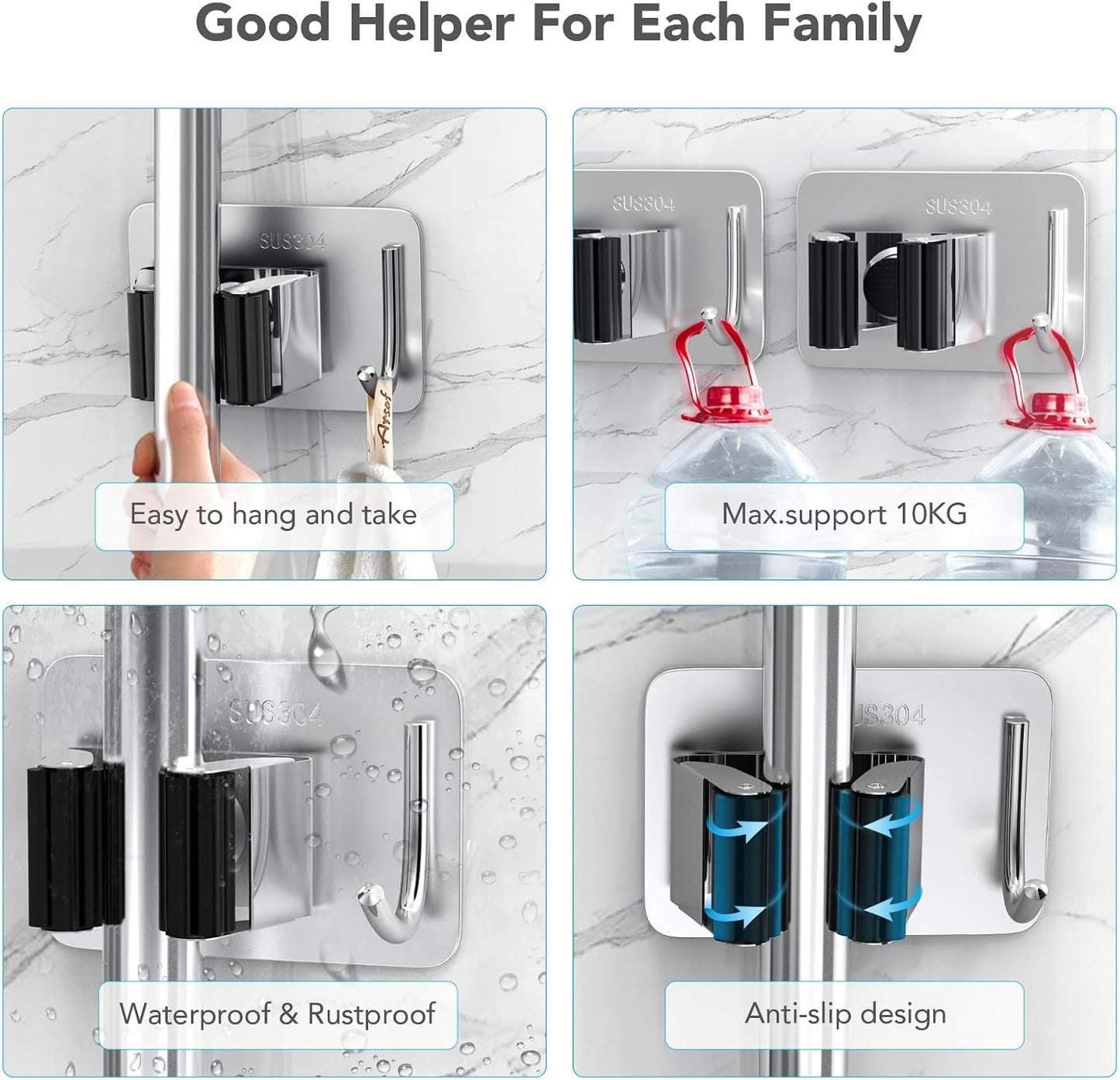 homeasy Mop Broom Holder No Drill, Mop Broom Organizer Wall Mounted Heavy Duty with Hooks Hanger, Self Adhesive Stainless Steel 4Pcs for Bathroom, Kitchen, Office (Silver)