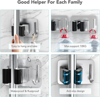 homeasy Mop Broom Holder No Drill, Mop Broom Organizer Wall Mounted Heavy Duty with Hooks Hanger, Self Adhesive Stainless Steel 4Pcs for Bathroom, Kitchen, Office (Silver)