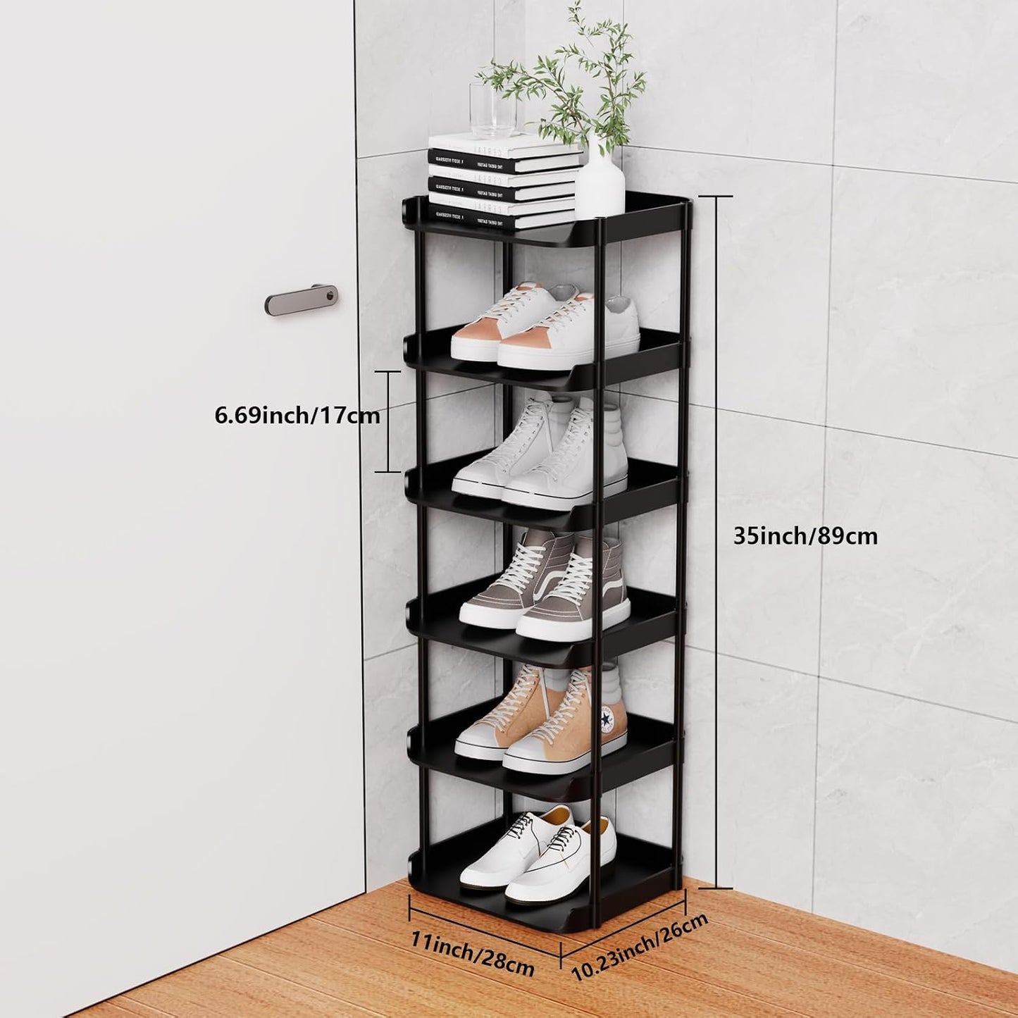 6 Tier Vertical Narrow Shoe Rack, Stackable Tall Skinny Shoerack, Compact Single Shoes Storage Tower for Slim Space, Corner Plastic Shelves, for Hallways, Entryway, Bedrooms Organizer, Black