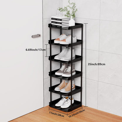 6 Tier Vertical Narrow Shoe Rack, Stackable Tall Skinny Shoerack, Compact Single Shoes Storage Tower for Slim Space, Corner Plastic Shelves, for Hallways, Entryway, Bedrooms Organizer, Black