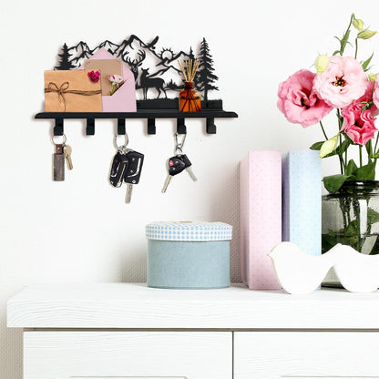 Deer Mountain Metal Key Holder Wall Mount Key Holder for Wall Rustic Cabin Decor Key Rack Hooks Hanger Woodland Wildlife Wall Art Entryway Organizer Housewarming Hunting Gifts