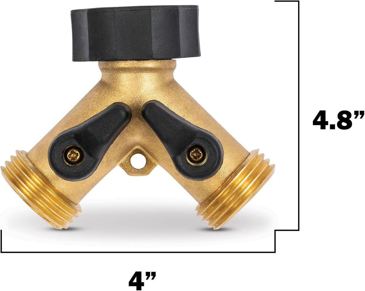 Gilmour Heavy Duty 2 Way Garden Hose Splitter, Dual Water Hose Splitter with Shut Off Valve, Brass Water Manifold