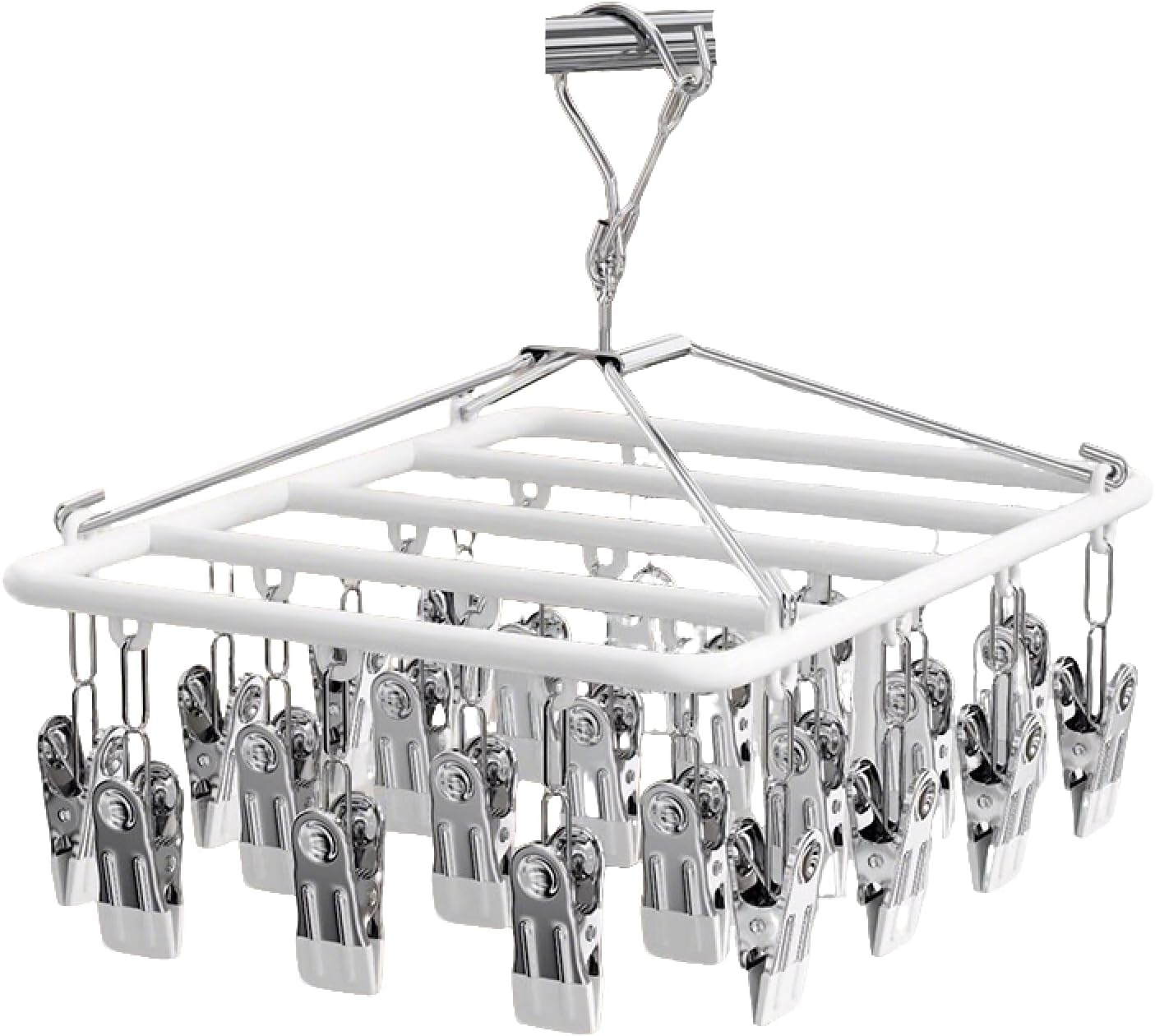 Drying Rack for Sock, Stainless Steel Sock Drying Rack with 23 Clips, Swivel Hook Windproof Hanger for Sock, Laundry, Hat, Scarf, Bras, Towel, Underwear, Pants, Gloves (White)