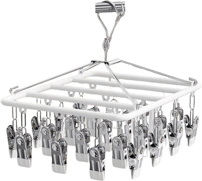 Drying Rack for Sock, Stainless Steel Sock Drying Rack with 23 Clips, Swivel Hook Windproof Hanger for Sock, Laundry, Hat, Scarf, Bras, Towel, Underwear, Pants, Gloves (White)