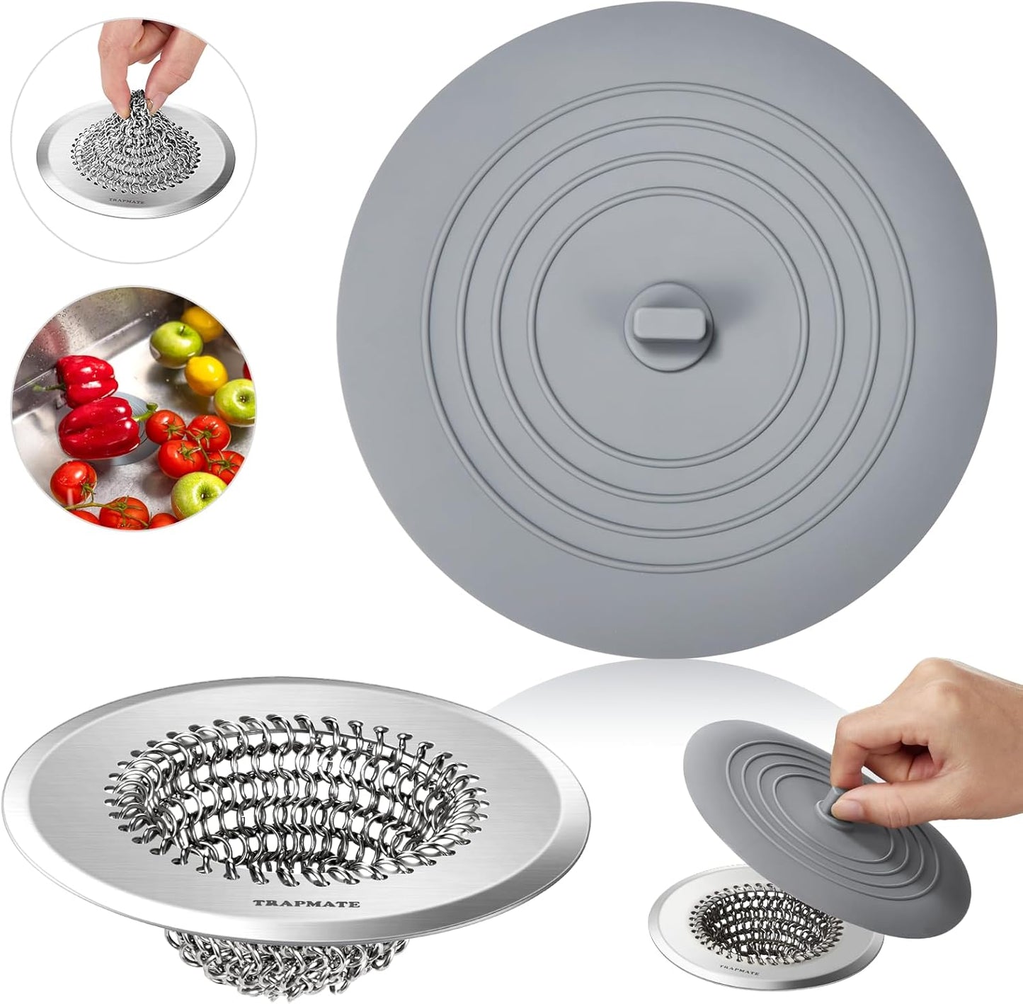 Reversible Kitchen Sink Drain Strainer Basket for Sink & Garbage Disposal | Easy Clean, Anti-Clogging, Fast Drainage, Anti-Slip, Anti-Rust, 304 Stainless Steel, Large Capacity, 4.4",Patented Chain Mesh