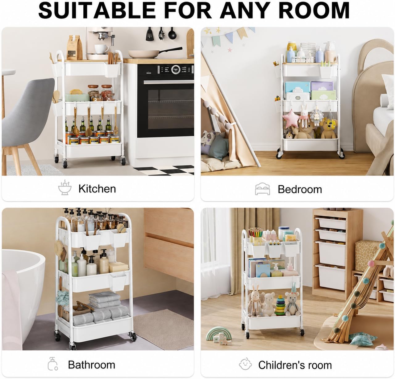 3 Tier Rolling Cart with Wheels, White Plastic Three Tiered Roller Shelf Cart on Lockable Wheels, Small Utility Storage Organzier Carts for Craft, Art, Baby Diaper Caddy, Snack, Dorm, Kitchen,Bathroom