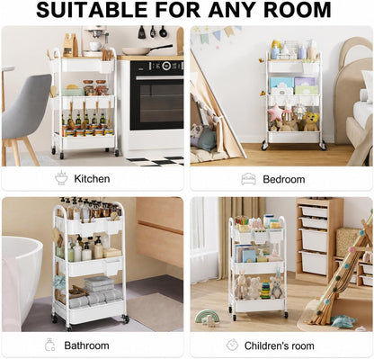 3 Tier Rolling Cart with Wheels, White Plastic Three Tiered Roller Shelf Cart on Lockable Wheels, Small Utility Storage Organzier Carts for Craft, Art, Baby Diaper Caddy, Snack, Dorm, Kitchen,Bathroom