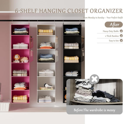 Weekly Hanging Closet Organizer for Kids, 6-Shelf Clothes Storage with Labeled Days of The Week Monday Through Friday, Weekday and Weekend, Days of The Week Clothes Organizer
