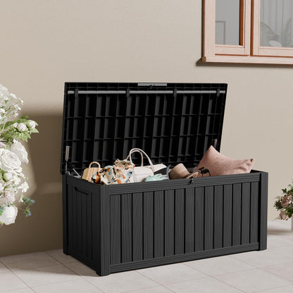 100 Gallon Storage Box, Waterproof Resin Deck Box with Hydraulic Piston Design, Lockable Storage Bench for Package Delivery, Storage Bin for Patio Cushions, Garden Tools, Black
