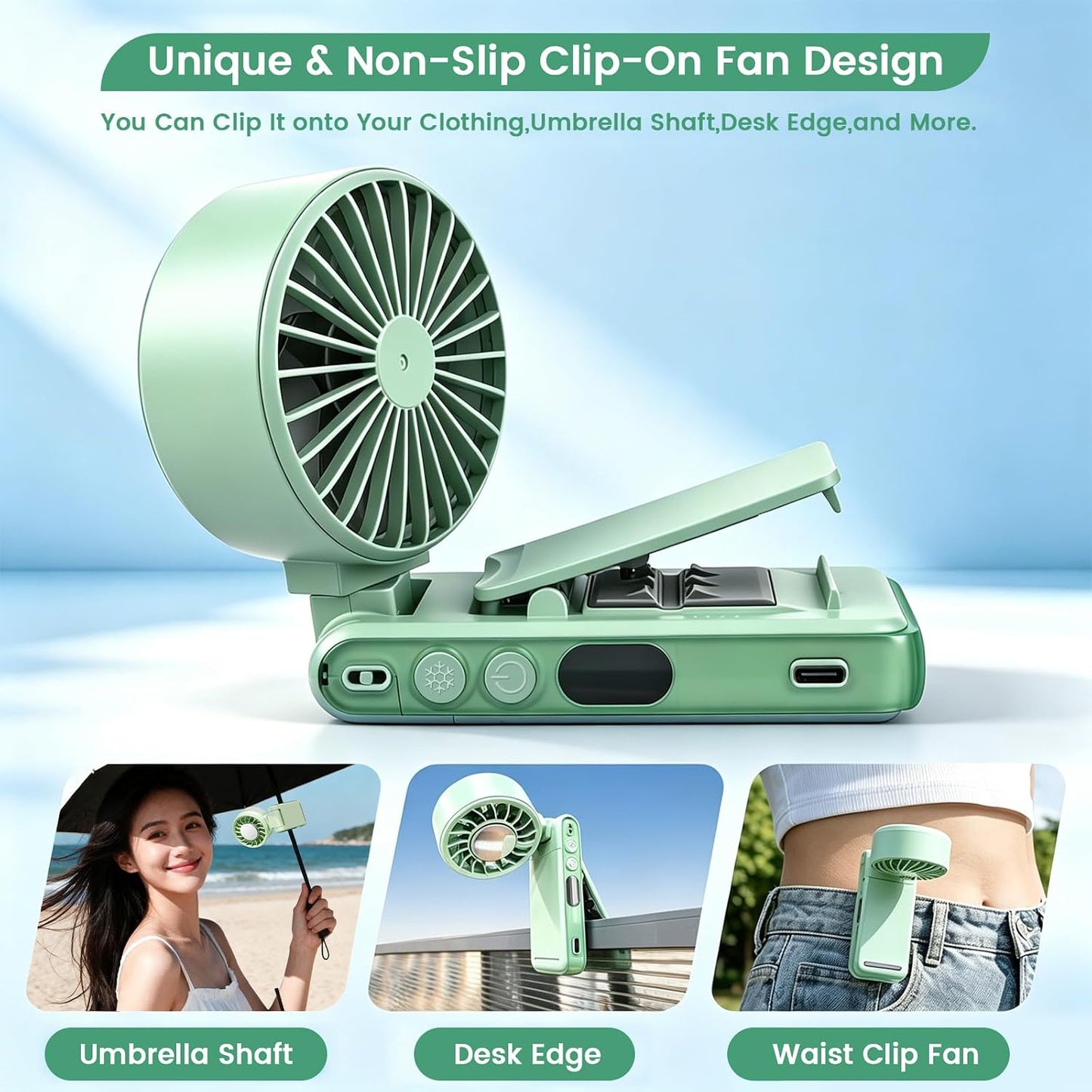 4-IN-1 Clip-On Portable Fan Rechargeable Handheld Mini Fan with lce Cooler,5 Gear High Speed 360° Rotatable Small Fans, for Outdoor, Travel, Beach, and Office (Green)