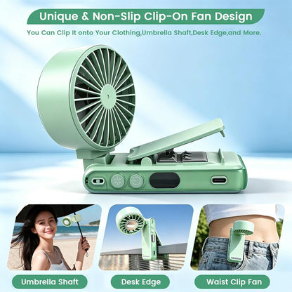 4-IN-1 Clip-On Portable Fan Rechargeable Handheld Mini Fan with lce Cooler,5 Gear High Speed 360° Rotatable Small Fans, for Outdoor, Travel, Beach, and Office (Green)
